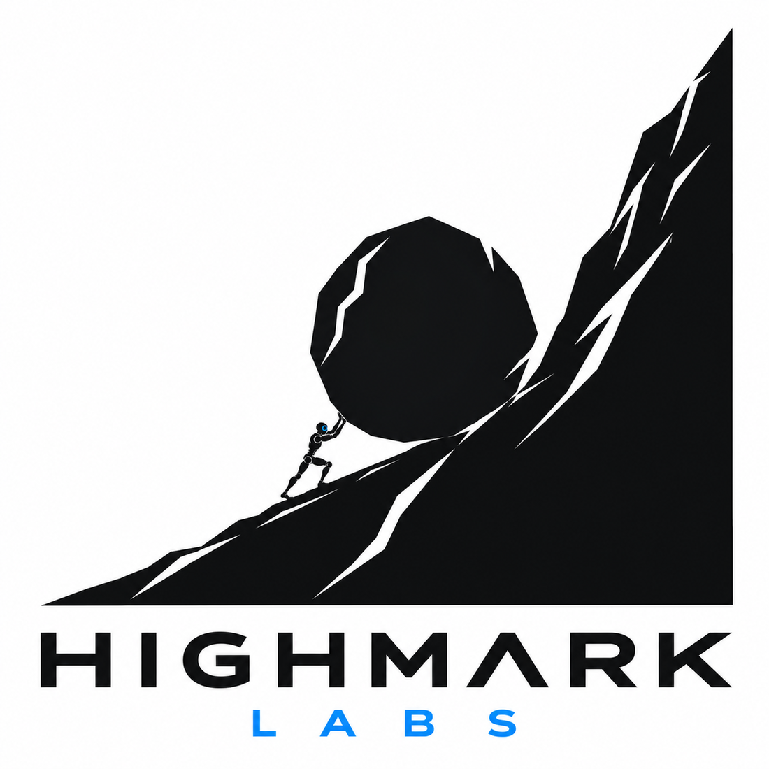 Highmark Labs — a robot pushing a boulder uphill beneath a mountain peak